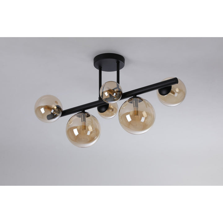 Nelson Lighting NL9044/AM9 Prague 6 Light Ceiling Light Satin Black Amber Plated