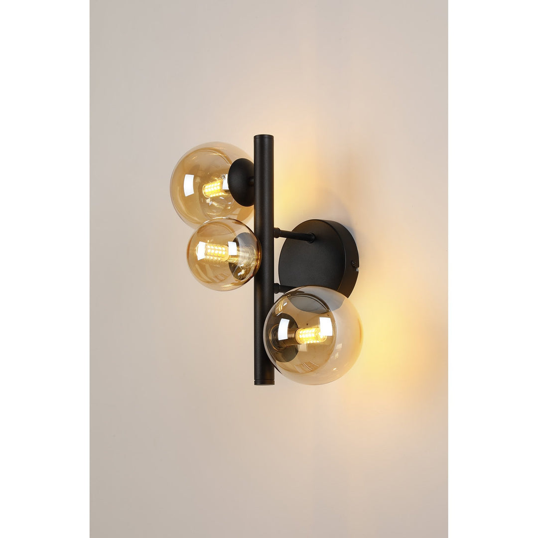 Nelson Lighting NL9045/AM9 Prague  3 Light Wall Light Satin Black Amber Plated