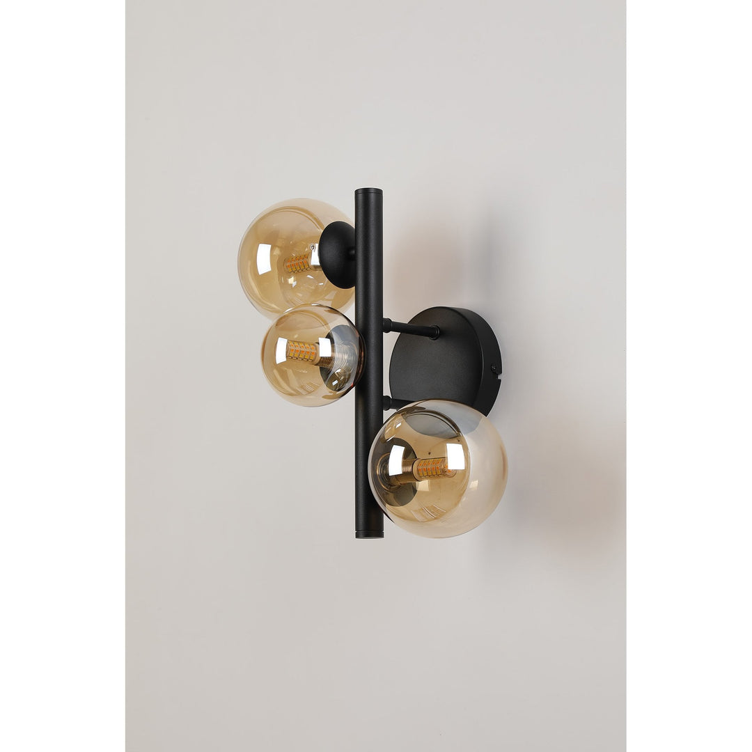 Nelson Lighting NL9045/AM9 Prague  3 Light Wall Light Satin Black Amber Plated