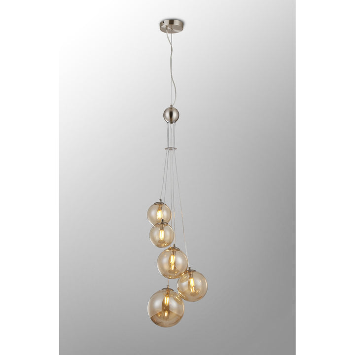 Nelson Lighting NL9060/AM9 Prague 5 Light Pendant Satin Nickel Amber Plated