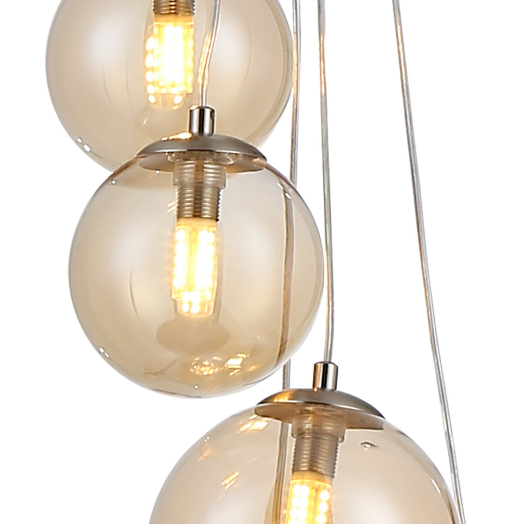 Nelson Lighting NL9060/AM9 Prague 5 Light Pendant Satin Nickel Amber Plated