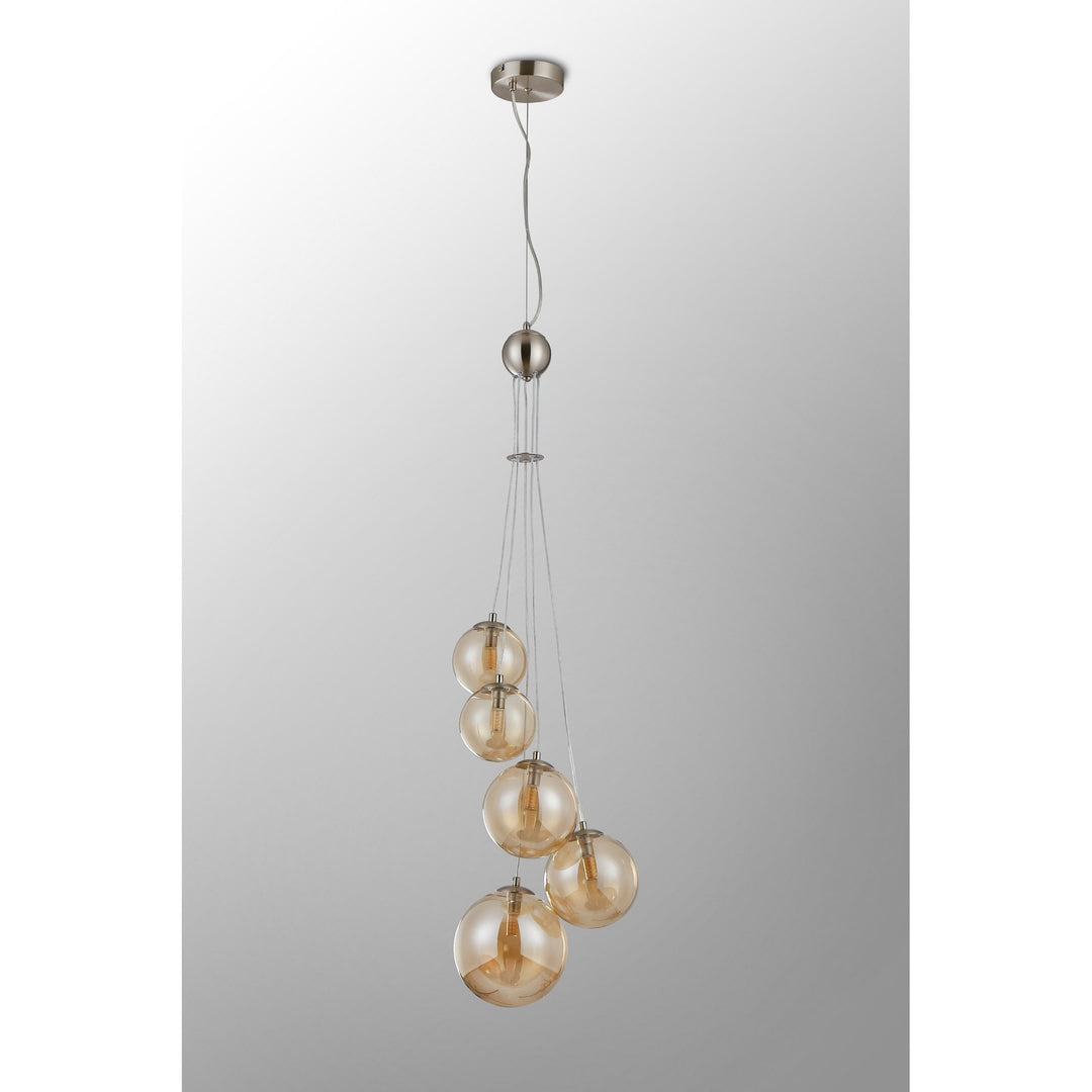 Nelson Lighting NL9060/AM9 Prague 5 Light Pendant Satin Nickel Amber Plated