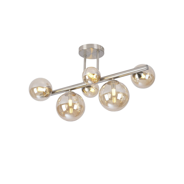 Nelson Lighting NL9062/AM9 Prague 6 Light Ceiling Light Satin Nickel Amber Plated