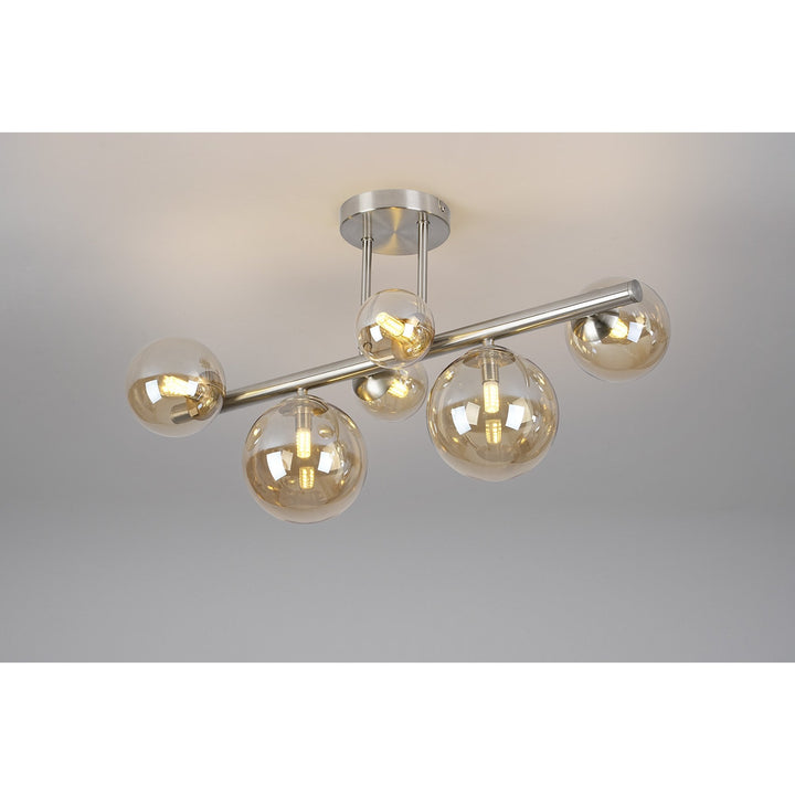 Nelson Lighting NL9062/AM9 Prague 6 Light Ceiling Light Satin Nickel Amber Plated