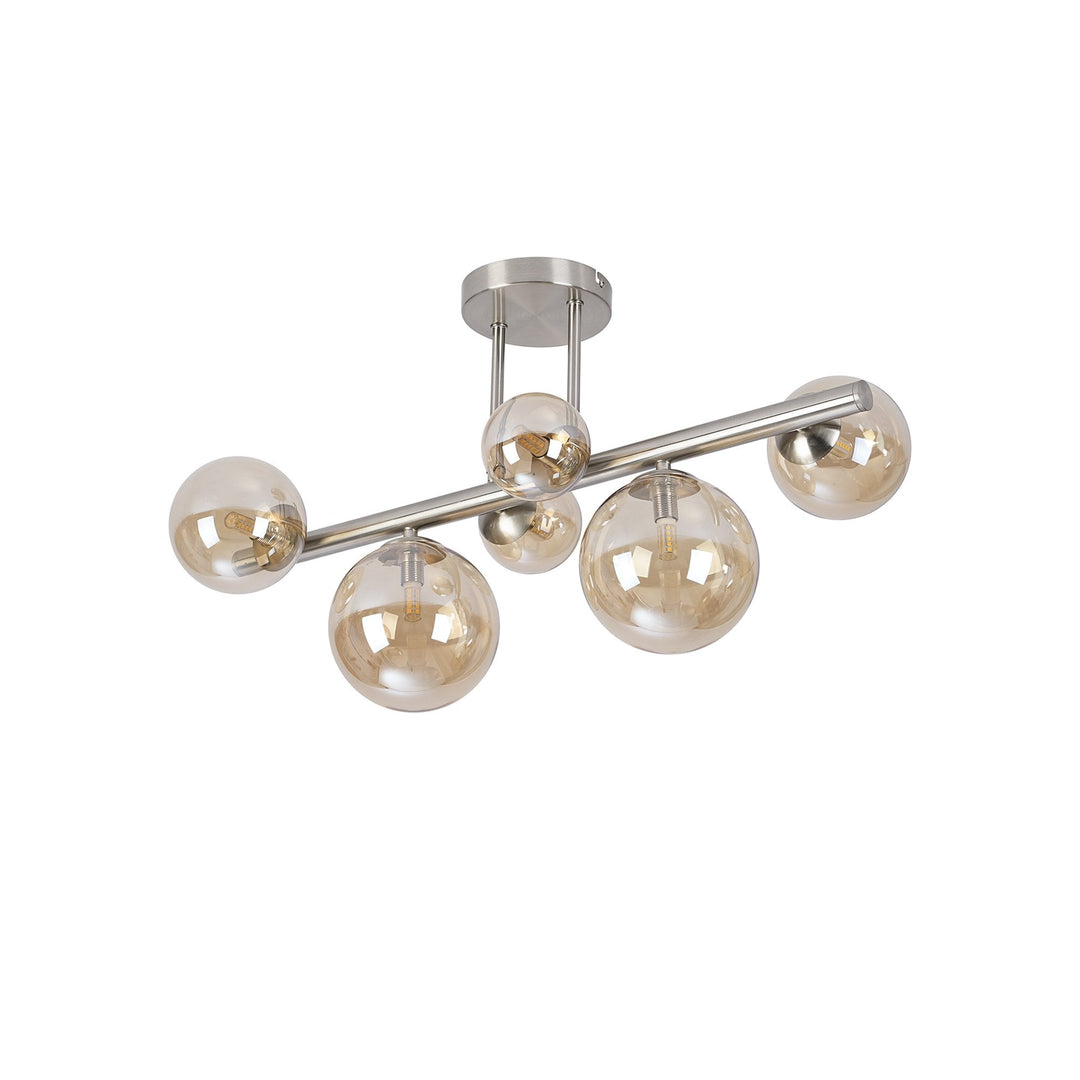 Nelson Lighting NL9062/AM9 Prague 6 Light Ceiling Light Satin Nickel Amber Plated