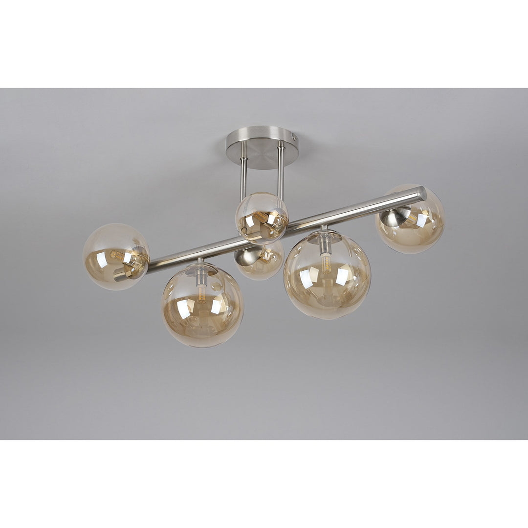 Nelson Lighting NL9062/AM9 Prague 6 Light Ceiling Light Satin Nickel Amber Plated