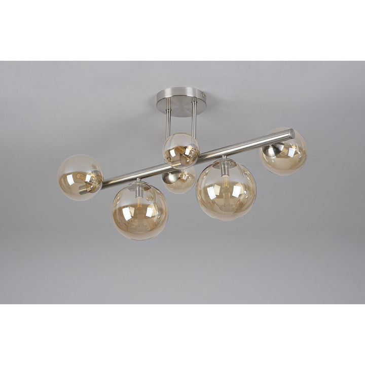 Nelson Lighting NL9062/AM9 Prague 6 Light Ceiling Light Satin Nickel Amber Plated