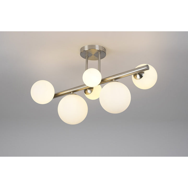 Nelson Lighting NL9062/OP9 Prague 6 Light Ceiling Light Satin Nickel Opal