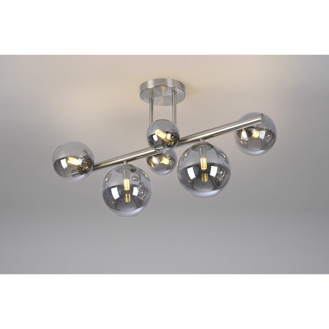 Nelson Lighting NL9062/SM9 Prague 6 Light Ceiling Light Satin Nickel Smoke Plated