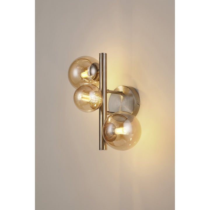 Nelson Lighting NL9063/AM9 Prague 3 Light Wall Light Satin Nickel Amber Plated