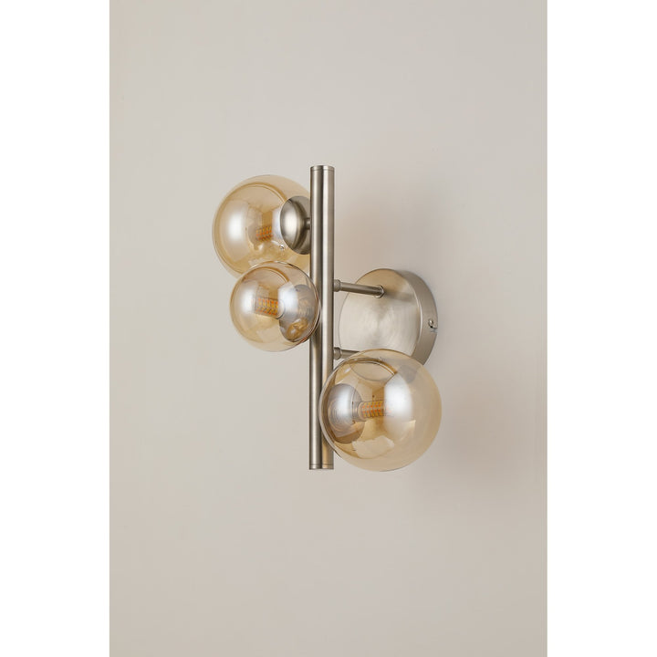 Nelson Lighting NL9063/AM9 Prague 3 Light Wall Light Satin Nickel Amber Plated