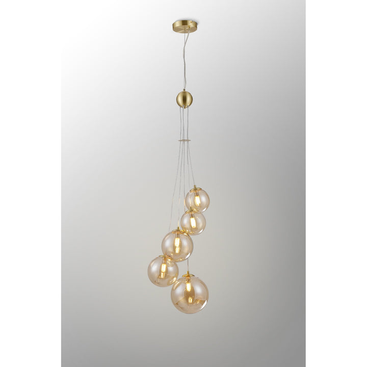 Nelson Lighting NL9321/AM9 Prague 5 Light Pendant Satin Gold Amber Plated