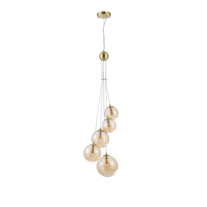 Nelson Lighting NL9321/AM9 Prague 5 Light Pendant Satin Gold Amber Plated