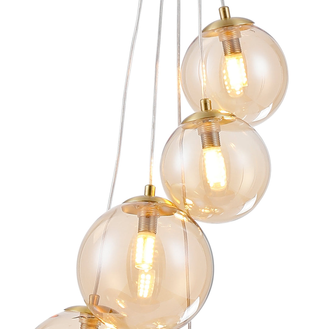 Nelson Lighting NL9321/AM9 Prague 5 Light Pendant Satin Gold Amber Plated