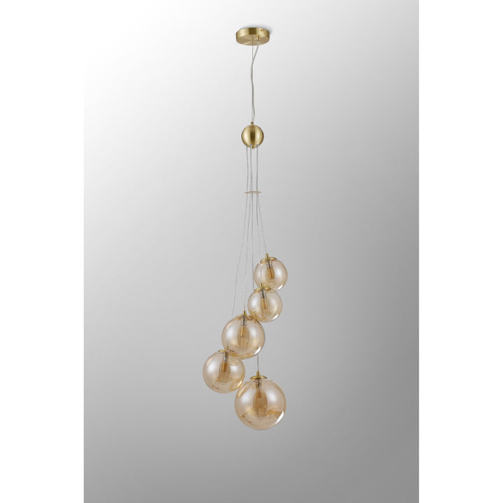 Nelson Lighting NL9321/AM9 Prague 5 Light Pendant Satin Gold Amber Plated