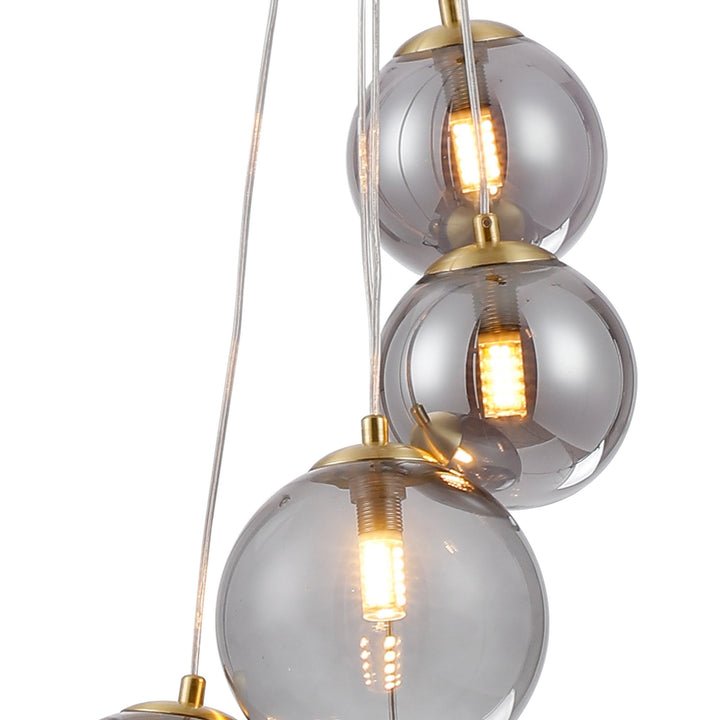 Nelson Lighting NL9321/SM9 Prague 5 Light Pendant Satin Gold Smoke Plated