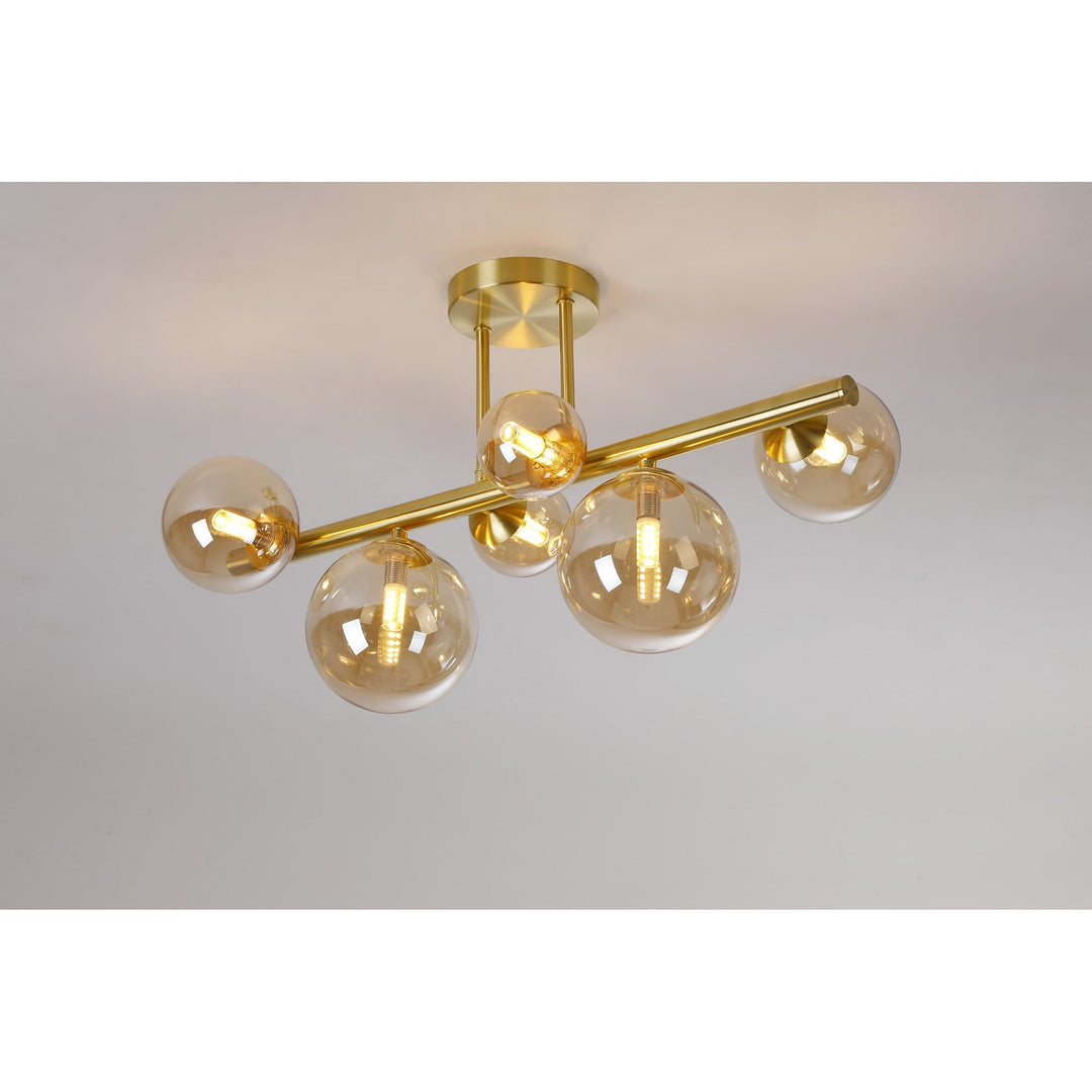 Nelson Lighting NL9323/AM9 Prague 6 Light Ceiling Light Satin Gold Amber Plated