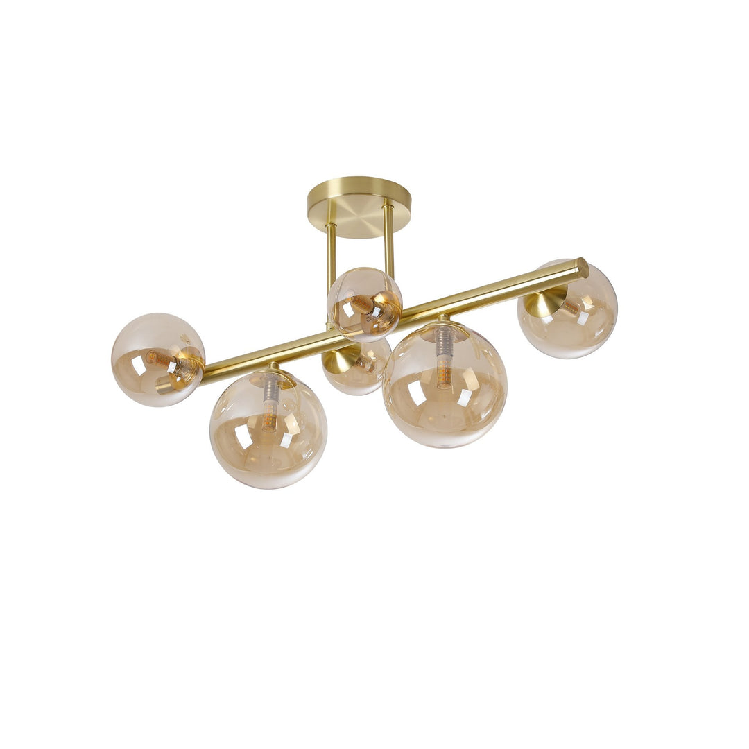 Nelson Lighting NL9323/AM9 Prague 6 Light Ceiling Light Satin Gold Amber Plated