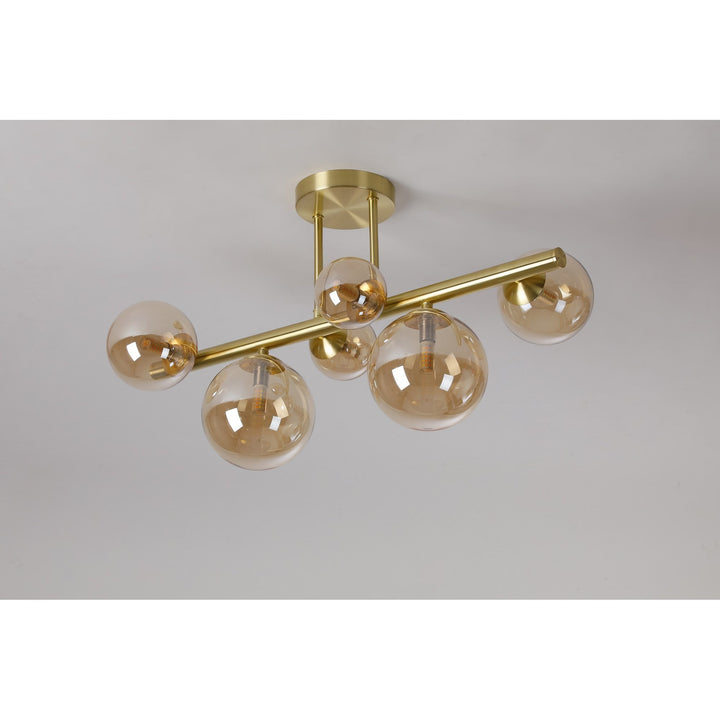 Nelson Lighting NL9323/AM9 Prague 6 Light Ceiling Light Satin Gold Amber Plated