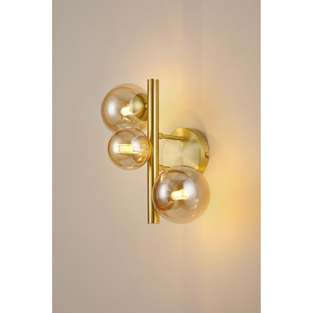 Nelson Lighting NL9324/AM9 Prague 3 Light Wall Light Satin Gold Amber Plated