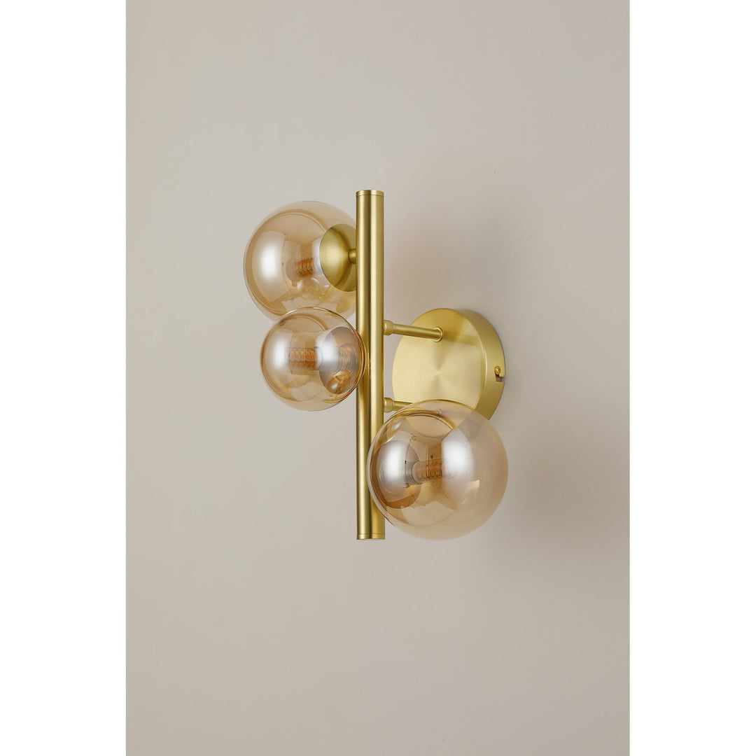 Nelson Lighting NL9324/AM9 Prague 3 Light Wall Light Satin Gold Amber Plated