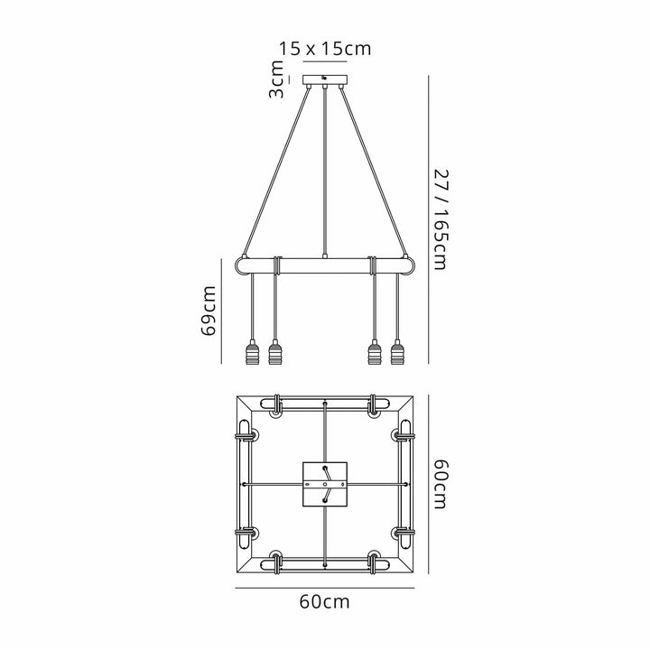 Nelson Lighting NL73309 Tuba 8 Light Square Pendant Medium Oak Antique Brass