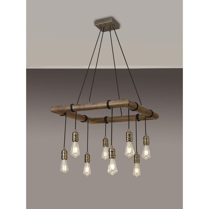 Nelson Lighting NL73309 Tuba 8 Light Square Pendant Medium Oak Antique Brass