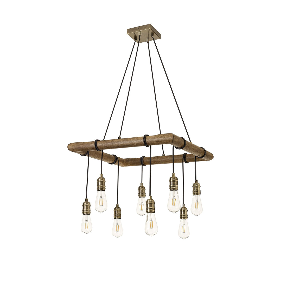 Nelson Lighting NL73309 Tuba 8 Light Square Pendant Medium Oak Antique Brass