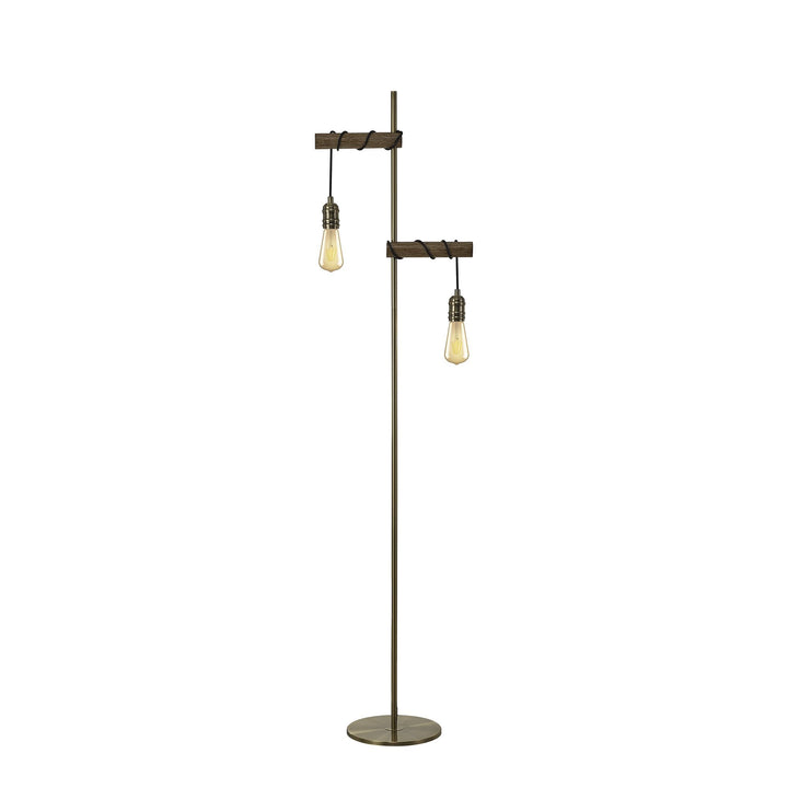 Nelson Lighting NL83549 Tuba 2 Light Floor Lamp Medium Oak Antique Brass