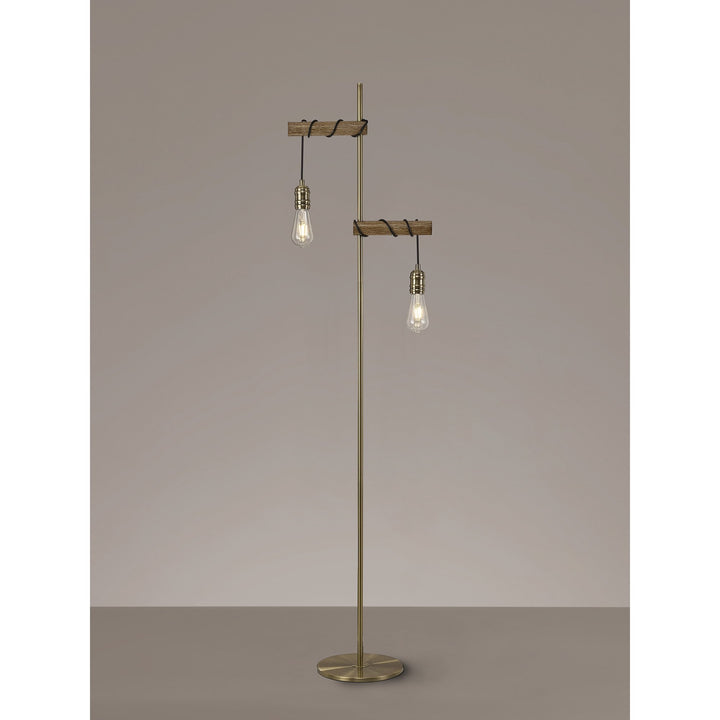 Nelson Lighting NL83549 Tuba 2 Light Floor Lamp Medium Oak Antique Brass