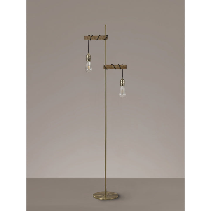 Nelson Lighting NL83549 Tuba 2 Light Floor Lamp Medium Oak Antique Brass