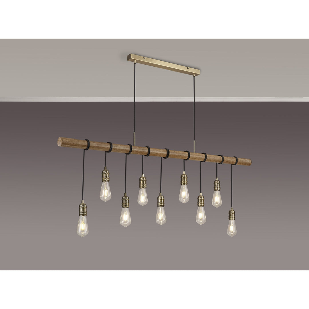 Nelson Lighting NL83559 Tuba 9 Light Pendant Medium Oak Antique Brass