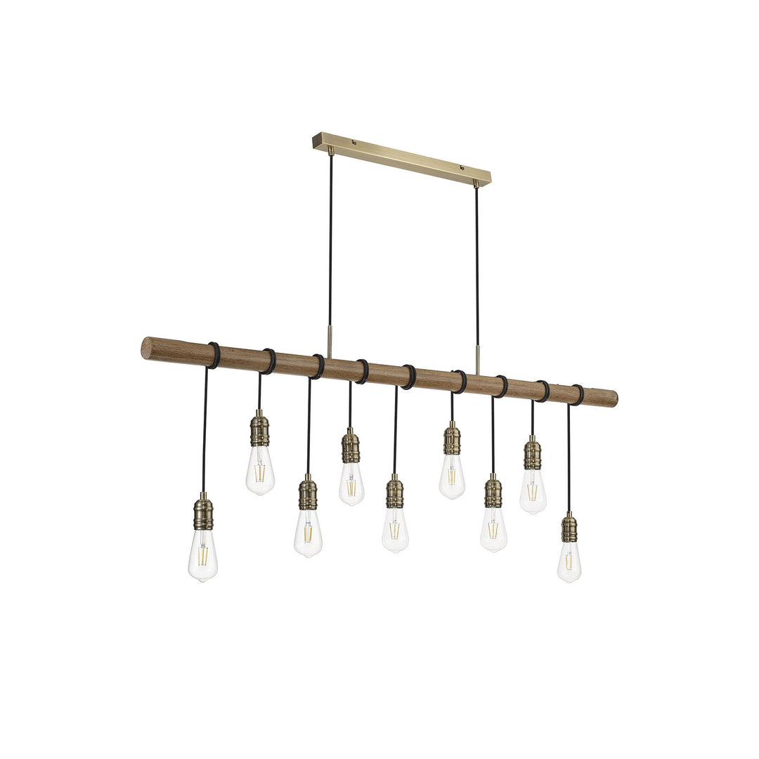 Nelson Lighting NL83559 Tuba 9 Light Pendant Medium Oak Antique Brass