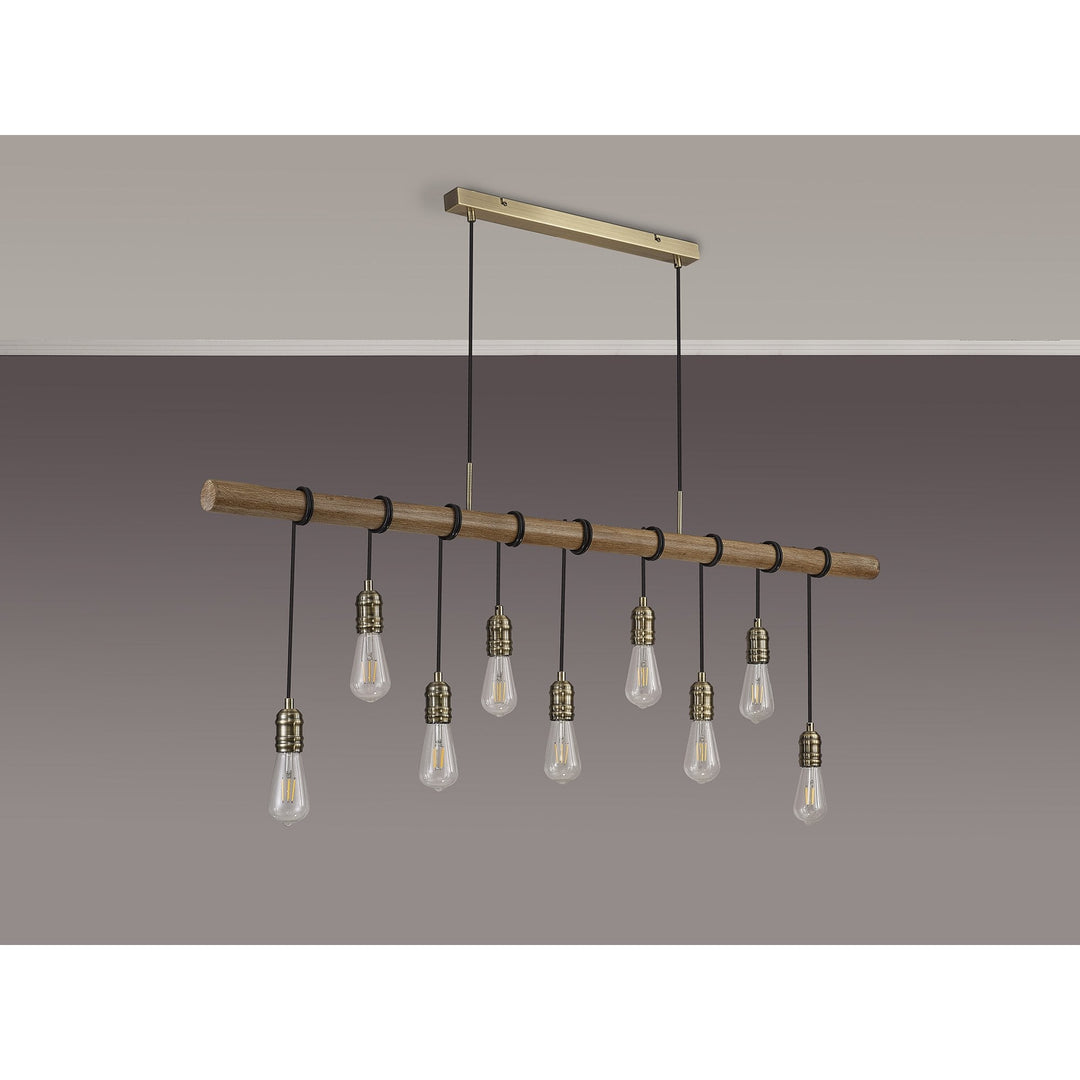 Nelson Lighting NL83559 Tuba 9 Light Pendant Medium Oak Antique Brass