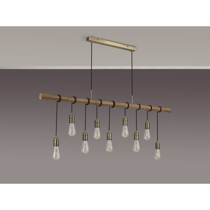 Nelson Lighting NL83559 Tuba 9 Light Pendant Medium Oak Antique Brass