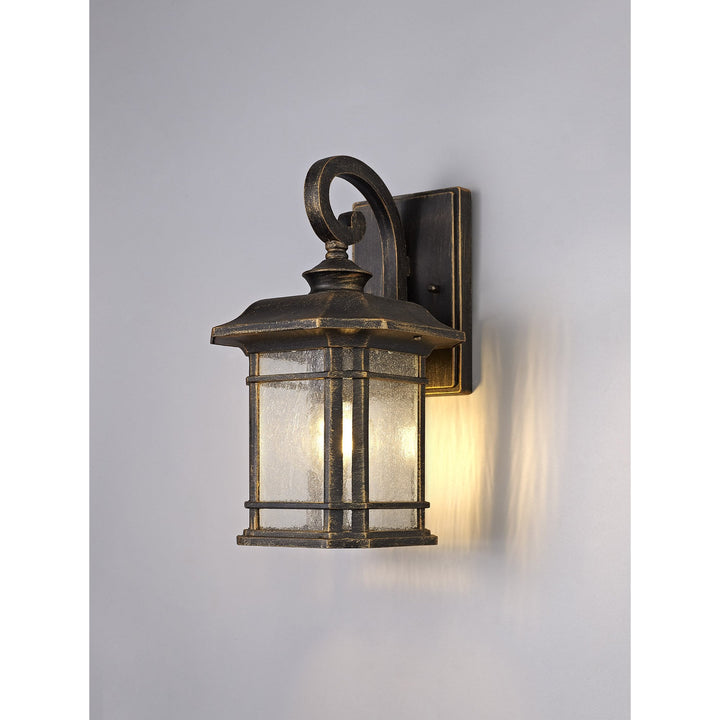 Nelson Lighting NL75799 Biello Outdoor Small Wall Lamp 1 Light Brushed Black Gold/Seeded Glass