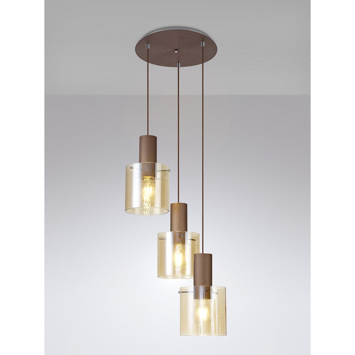 Nelson Lighting NL82639 Blade Round Pendant 3 Light Adjustable Mocha/Amber Glass