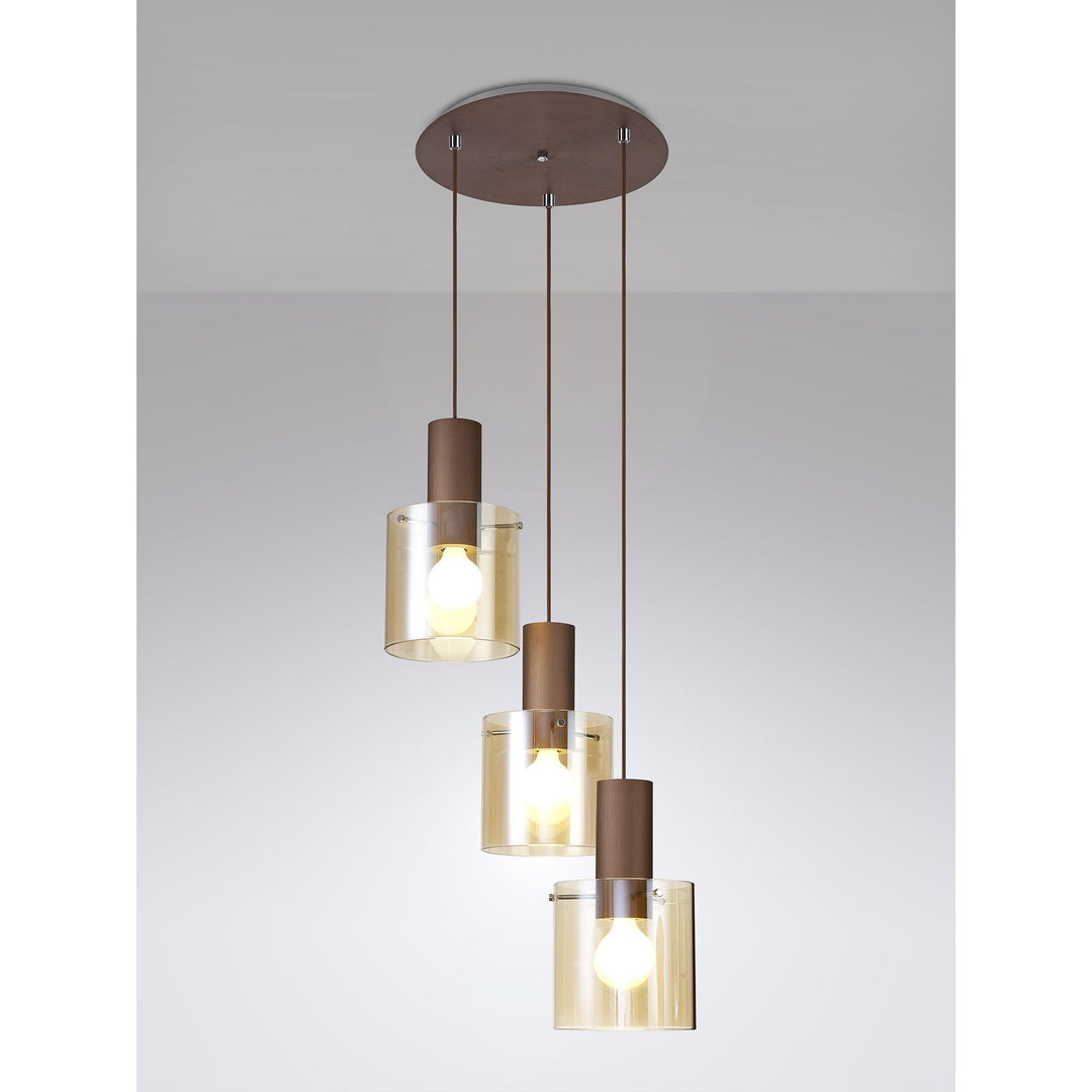 Nelson Lighting NL82639 Blade Round Pendant 3 Light Adjustable Mocha/Amber Glass