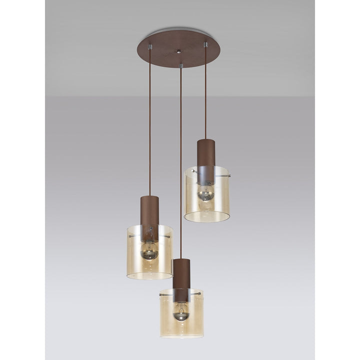 Nelson Lighting NL82639 Blade Round Pendant 3 Light Adjustable Mocha/Amber Glass