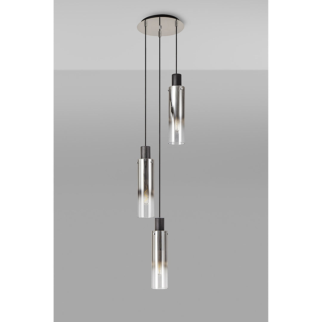 Nelson Lighting NL84899 Blade Slim Round Pendant 3 Light Adjustable Black/Smoke Fade Glass