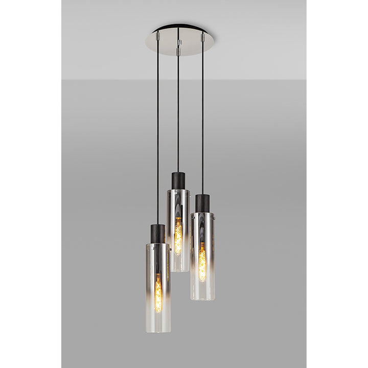 Nelson Lighting NL84899 Blade Slim Round Pendant 3 Light Adjustable Black/Smoke Fade Glass