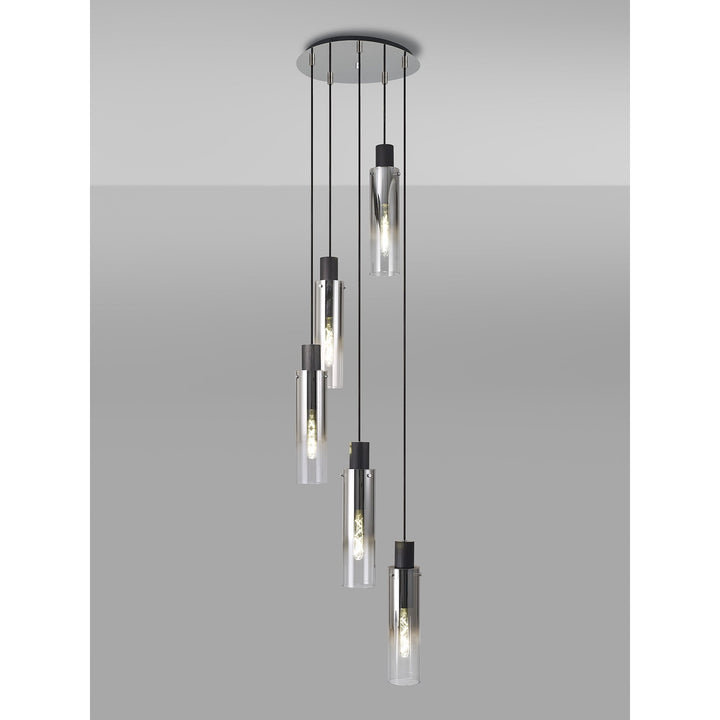 Nelson Lighting NL84909 Blade Slim Round Pendant 5 Light Adjustable Black/Smoke Fade Glass