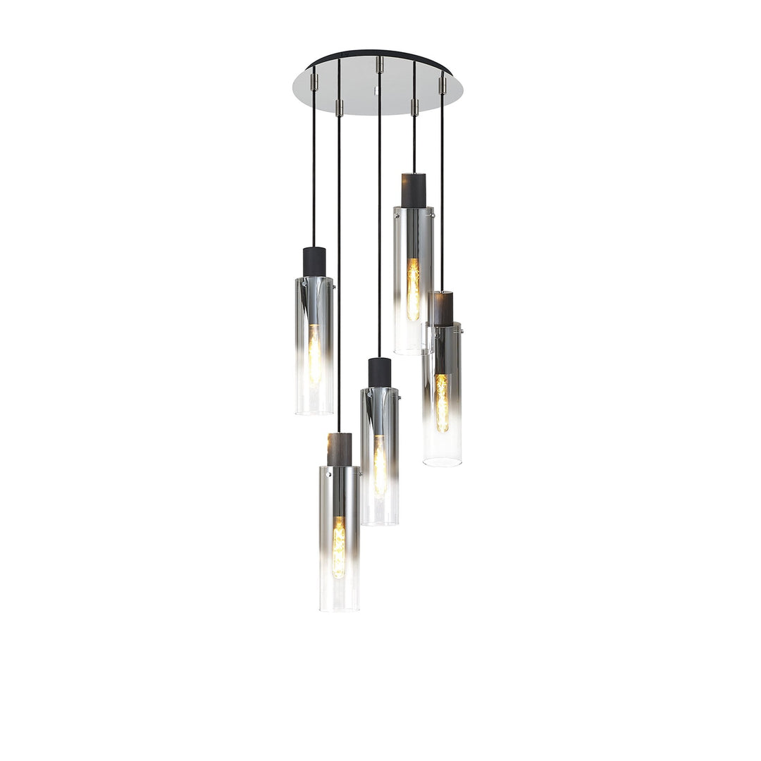 Nelson Lighting NL84909 Blade Slim Round Pendant 5 Light Adjustable Black/Smoke Fade Glass