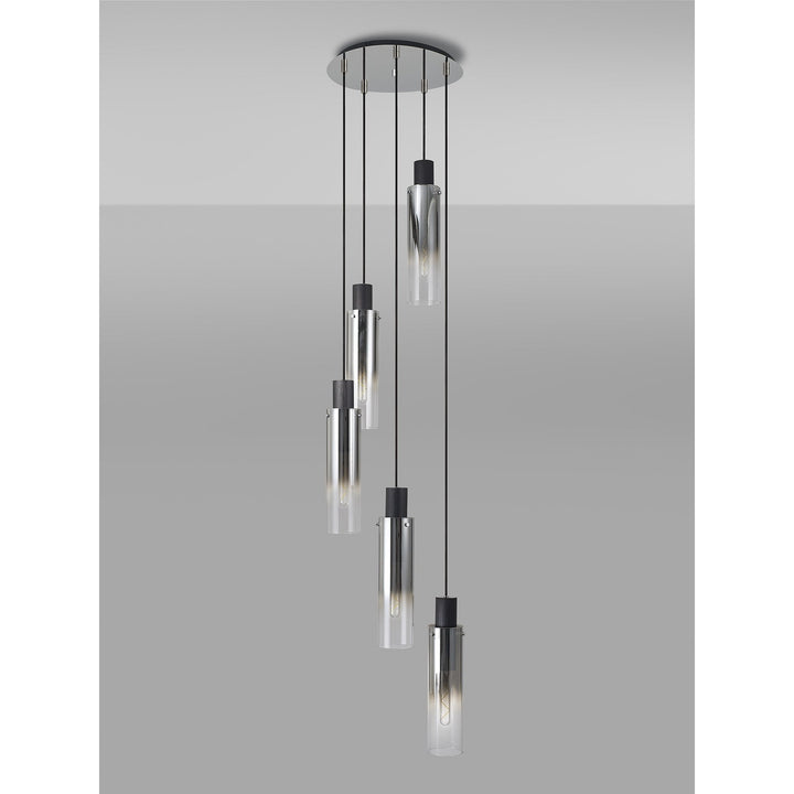 Nelson Lighting NL84909 Blade Slim Round Pendant 5 Light Adjustable Black/Smoke Fade Glass