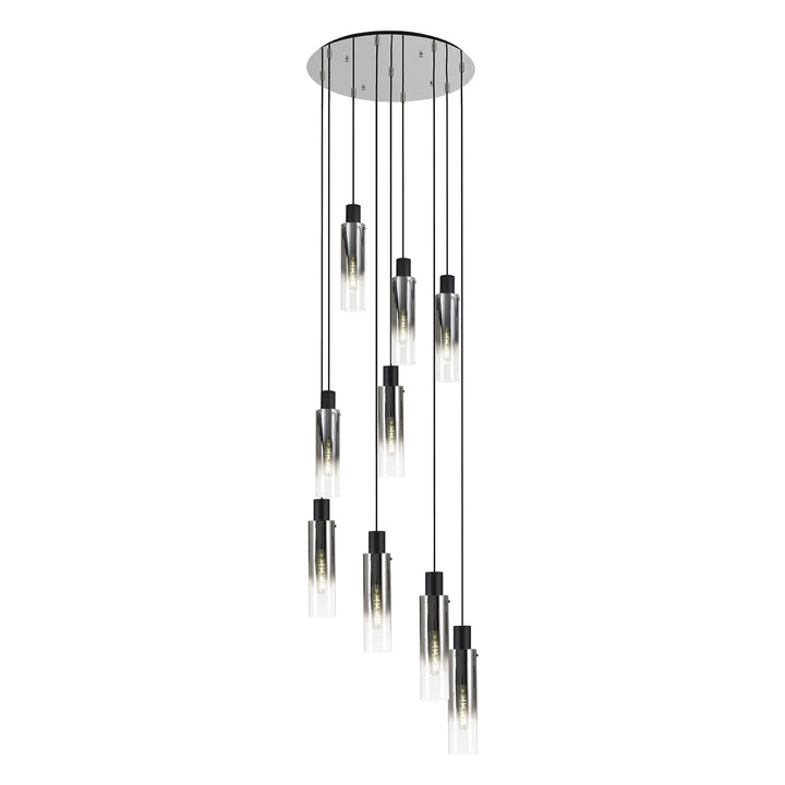 Nelson Lighting NL84919 | Blade Slim Round Pendant | 9 Light Adjustable Black/Smoke Fade Glass