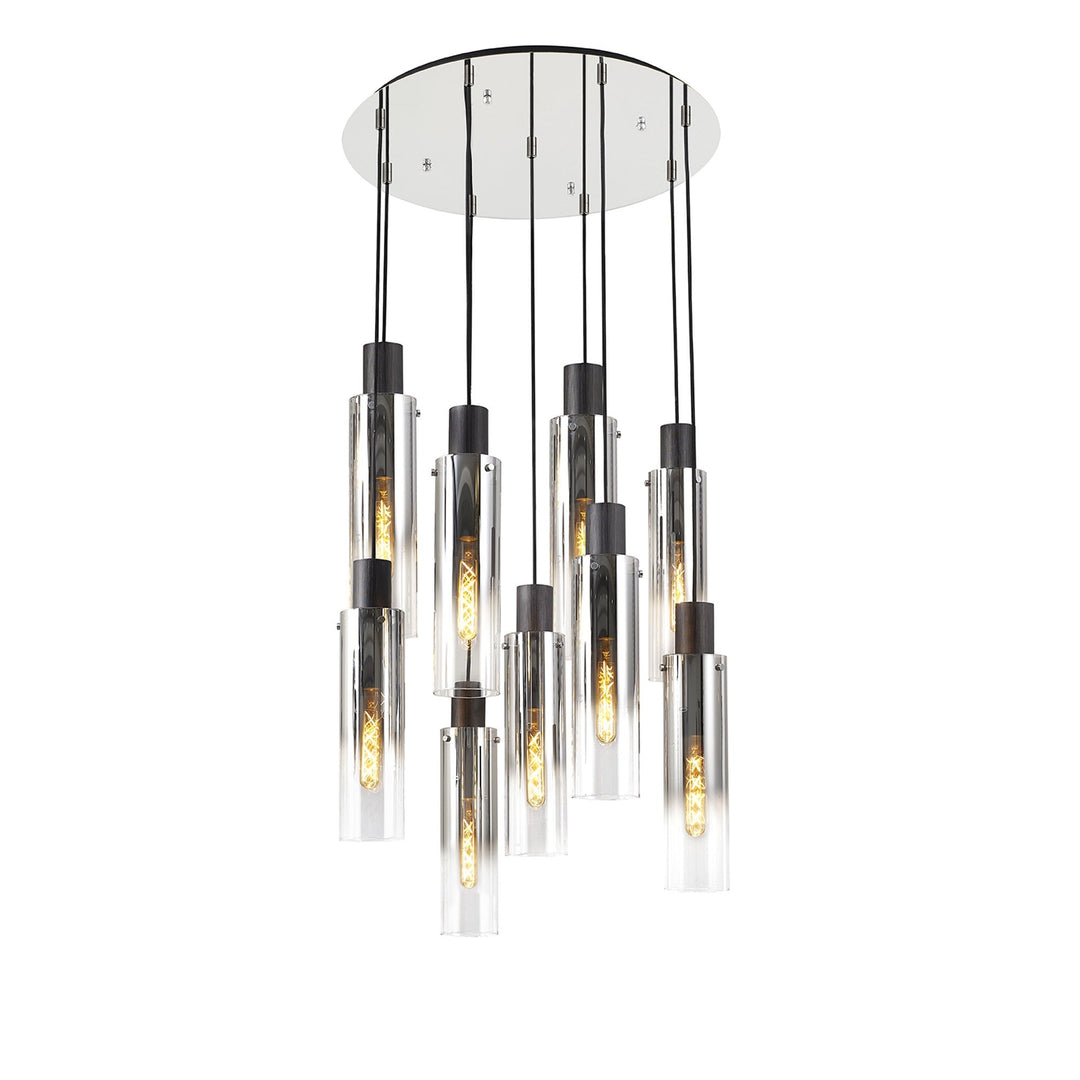 Nelson Lighting NL84919 | Blade Slim Round Pendant | 9 Light Adjustable Black/Smoke Fade Glass