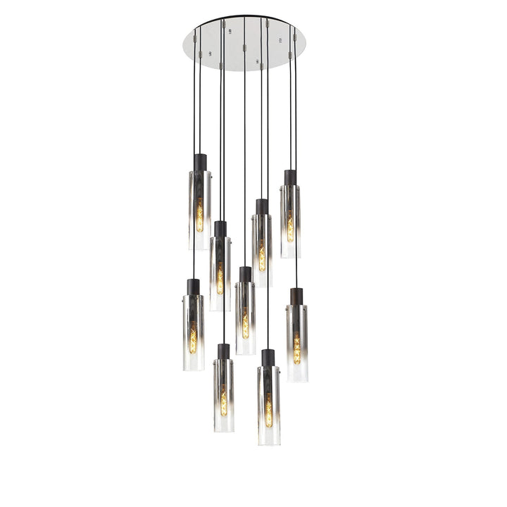 Nelson Lighting NL84919 | Blade Slim Round Pendant | 9 Light Adjustable Black/Smoke Fade Glass