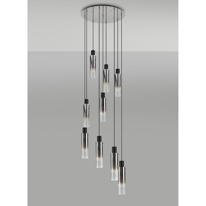 Nelson Lighting NL84919 | Blade Slim Round Pendant | 9 Light Adjustable Black/Smoke Fade Glass