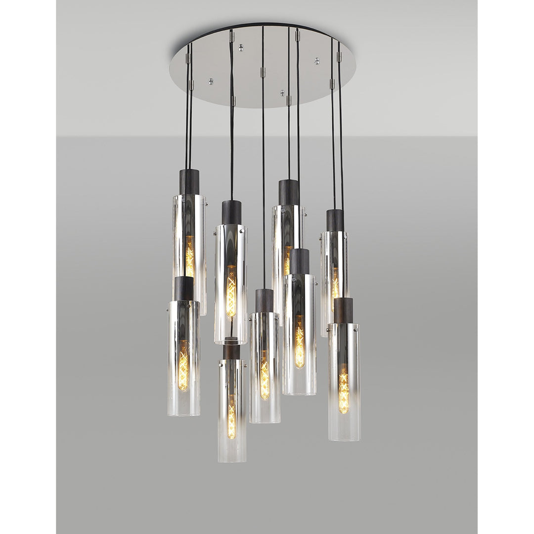 Nelson Lighting NL84919 | Blade Slim Round Pendant | 9 Light Adjustable Black/Smoke Fade Glass