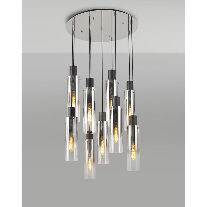 Nelson Lighting NL84919 | Blade Slim Round Pendant | 9 Light Adjustable Black/Smoke Fade Glass